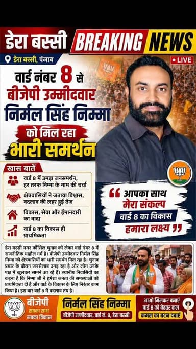 वार्ड नंबर 8 से बीजेपी उम्मीदवार निर्मल सिंह निम्मा को मिल रहा भारी समर्थन