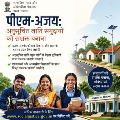 PM-AJAY योजना SC समुदायों को शिक्षा, कौशल विकास और बेहतर आजीविका के अवसर देकर सशक्त बना रही है। अधिक जानकारी के लिए देखें: socialjustice.gov.in #सशक्तिकरण