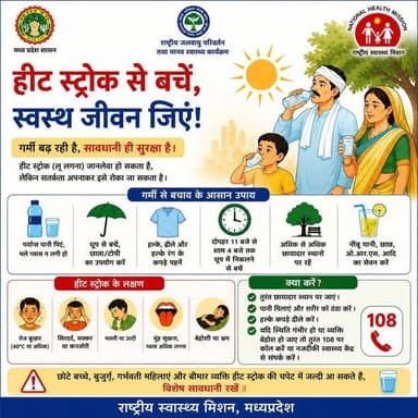 हीट स्ट्रोक से बचें, स्वस्थ रहें
गर्मी और लू से बचाव के लिए इन बातों का विशेष ध्यान रखें
👕 ढीले, सूती एवं हल्के रंग के...