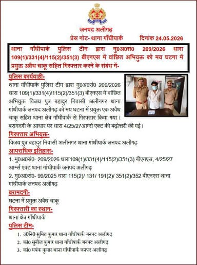 #Aligarh । #AligarhPolice
थाना गाँधीपार्क पुलिस टीम द्वारा मु0अ0सं0 209/2026 धारा 109(1)/331(4)/115(2)/351(3) बीएनएस मे...