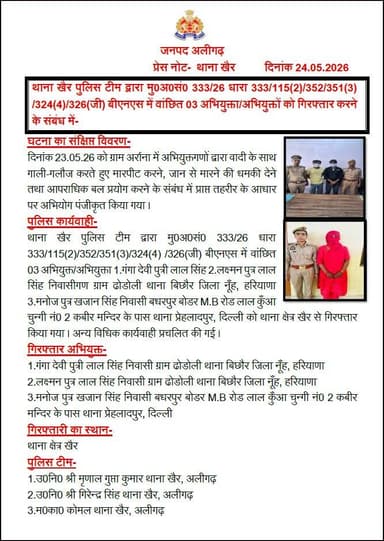 #AligarhPolice
थाना खैर पुलिस टीम द्वारा मु0अ0सं0 333/26 धारा 333/115(2)/352/351(3)/324(4)/326(जी) बीएनएस में वांछित 03 ...