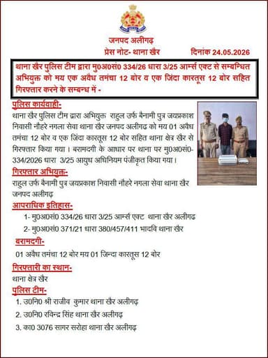 #Aligarh । #AligarhPolice
थाना खैर पुलिस टीम द्वारा मु0अ0सं0 334/26 धारा 3/25 आर्म्स एक्ट से सम्बन्धित अभियुक्त को मय ...
