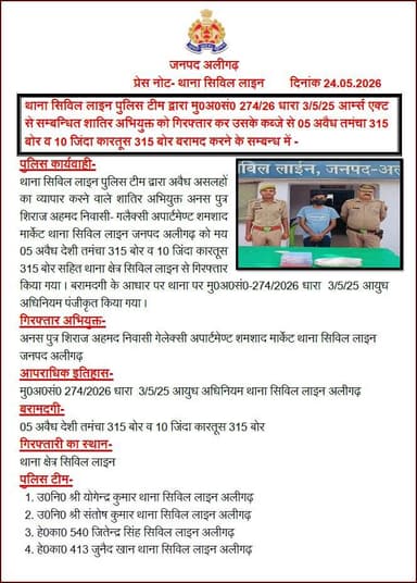 #Aligarh । #AligarhPolice
थाना सिविल लाइन पुलिस टीम द्वारा मु0अ0सं0 274/26 धारा 3/5/25 आर्म्स एक्ट से सम्बन्धित शातिर अ...