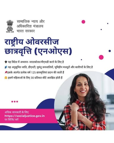 राष्ट्रीय ओवरसीज छात्रवृत्ति (एनओएस) के साथ अब विदेश में पढ़ाई का सपना होगा साकार। विकसित भारत 2047 की ओर एक और कदम।
socialjustice.gov.in
#शिक्षा