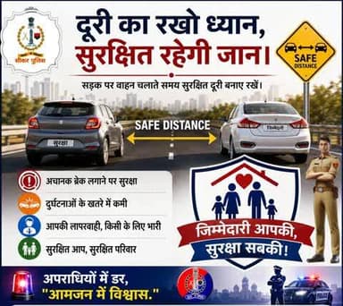 दूरी का रखो ध्यान, सुरक्षित रहेगी जान।
सड़क पर वाहन चलाते समय सुरक्षित दूरी बनाए रखें।
जिम्मेदारी आपकी, सुरक्षा सबकी।
#safedistance