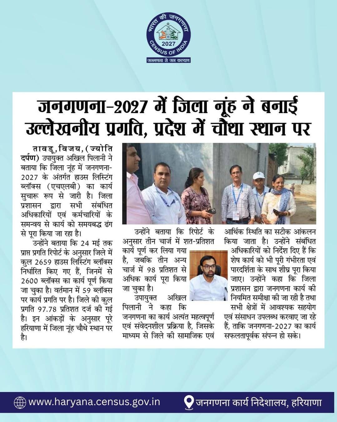 जनगणना-2027 में नूंह की शानदार उपलब्धि!
प्रदेशभर में चौथा स्थान हासिल कर जिले ने बनाई नई पहचान। टीमवर्क, पारदर्शिता और म...