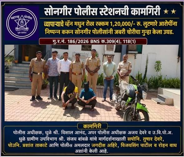 सोनगीर पोलीस स्टेशनची कामगिरी -
चिली स्प्रे मारून ड्रायफ्रुट व्यापाऱ्याचे व्हॅन मधुन रोख रक्कम 1,20,000/- रु. लुटणारे आर...