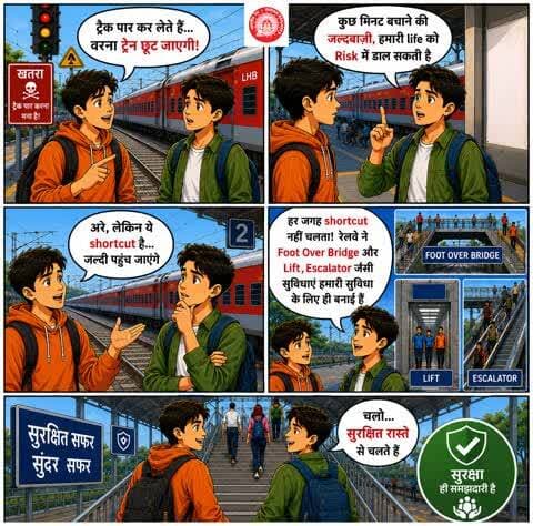 प्लेटफॉर्म बदलने के लिए शॉर्टकट नहीं, हमेशा फुट ओवर ब्रिज का ही इस्तेमाल करें। #ResponsibleRailYatri