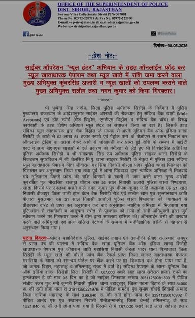 सिरोही साइबर ऑपरेशन "म्युल हंटर" अभियान के तहत की कार्यवाही।
@igp_jodhpur
@policerajasthan
#sirohi https://t.co/f2lOP8S...