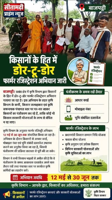 किसानों के हित में डोर-टू-डोर फार्मर रजिस्ट्रेशन अभियान जारी
बाजपट्टी। प्रखंड क्षेत्र में कृषि विभाग द्वारा किसानों के ...