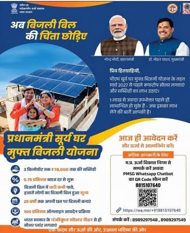 बिजली बिल की चिंता छोड़ें और "प्रधानमंत्री सूर्य घर मुफ्त बिजली योजना" अपनाएं
---
मध्य प्रदेश ऊर्जा विकास निगम लिमिटेड द...