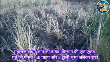 महाराजगंज में आग का तांडव: किसान की एक एकड़ गन्ने की फसल, 50 पाइप और 3 ट्रॉली भूसा जलकर राख
