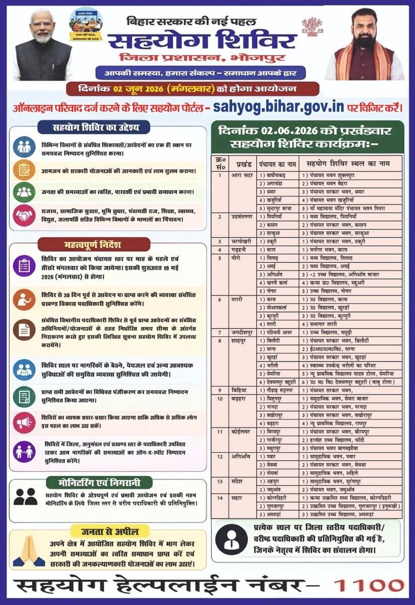 अपने क्षेत्र में 02.06.2026 (मंगलवार) को आयोजित सहयोग शिविर में भाग लेकर अपनी समस्याओं का त्वरित समाधान प्राप्त करें एवं...