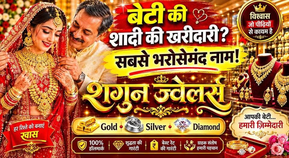 बेटी की शादी की खरीदारी का सबसे भरोसेमंद नाम | Shagun Jewellers Medininagar | Wedding Jewellery Collection 2026
बेटी की शादी हर माता-पिता का सबसे बड़ा सपना होती है। ❤️
आने वाले विवाह सीजन के लिए अगर आप गोल्ड, सिल्वर और डायमंड ज्वेलरी की खरीदारी की योजना बना रहे हैं, तो एक बार जरूर पधारें शगुन ज्वेलर्स एंड ज्वेलरी प्रा. लि., मेदिनीनगर।
✨ डायमंड ज्वेलरी पर 0% मेकिंग चार्ज
✨ गोल्ड ज्वेलरी पर सिर्फ 4.5% मेकिंग चार्ज से शुरुआत
✨ पुराने गहनों पर 100% एक्सचेंज वैल्यू
✨ लाइफटाइम फ्री मेंटेनेंस
💍 शादी, सगाई, तिलक और सभी शुभ अवसरों के लिए शानदार कलेक्शन उपलब्ध।
📍 शगुन ज्वेलर्स एंड ज्वेलरी प्रा. लि.
साहू टॉवर, मेन बाजार, स्टेट बैंक के समीप, इंजीनियरिंग रोड, मेदिनीनगर
📞 Contact: 7677772587 7070371010
✨ जहां गहनों से ज्यादा रिश्तों की चमक मायने रखती है।
#ShagunJewellers #WeddingJewellery #BridalJewellery #GoldJewellery #DiamondJewellery #Medininagar #Palamu #WeddingSeason #JewelleryShopping #BrideToBe #IndianWedding #GoldCollection #LuxuryJewellery #Jharkhand #WeddingCollection #BridalSet #JewelleryStore #PalamuBusiness #MedininagarJewellers #ShadiSpecial
Shagun Jewellers, Medininagar Jewellers, Palamu Jewellery Shop, Wedding Jewellery, Bridal Gold Set, Diamond Jewellery, Gold Jewellery Collection, Wedding Shopping, Jharkhand Jewellery, Best Jewellers in Medininagar, Bridal Collection 2026, Gold Rate, Jewellery Advertisement, Wedding Season Shopping, Bride Jewellery.