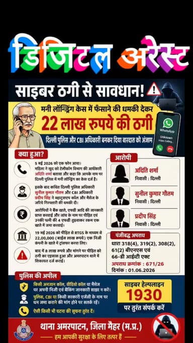 मनी लॉन्ड्रिंग का डर दिखाकर रिटायर्ड कर्मचारी से 22 लाख की ठगी
मैहर। साइबर ठगों ने दिल्ली पुलिस, टेलीकॉम विभाग और CBI अधिकारी बनकर अमरपाटन के इटमा कोठार निवासी 69 वर्षीय सेवानिवृत्त कर्मचारी मानेन्द्र सिंह को मनी लॉन्ड्रिंग केस में फंसाने और गिरफ्तारी की धमकी दी। आरोपियों ने कई दिनों तक व्हाट्सएप कॉल और संदेशों के जरिए दबाव बनाकर बैंक खातों व एफडी की जानकारी हासिल की।ठगों ने जांच के नाम पर पीड़ित और उनकी पत्नी की चार एफडी तुड़वाकर 19 मई को RTGS के माध्यम से 22 लाख रुपये एक निजी खाते में ट्रांसफर करा लिए। बाद में 8 लाख रुपये और मांगने पर पीड़ित को ठगी का एहसास हुआ।शिकायत पर अमरपाटन पुलिस ने अदिति शर्मा, सुनील कुमार गौतम और प्रदीप सिंह के खिलाफ बीएनएस एवं आईटी एक्ट की धाराओं में मामला दर्ज कर जांच शुरू कर दी है।#DigitalArrest
#CyberFraud
#CyberCrime
#CyberAwareness