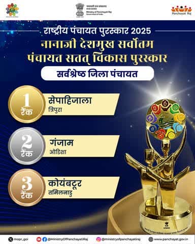 राष्ट्रीय पंचायत पुरस्कार 2025 में त्रिपुरा का सेपाहिजाला जिला देश में प्रथम स्थान पर रहा।
#NationalPanchayatAwards #NPA2025 #PanchayatiRaj