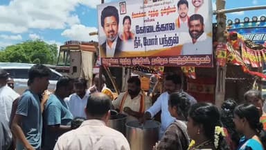 சிவகங்கை: சமத்துவபுரத்தில் மோர் பந்தல் அமைத்து பொதுமக்களுக்கு குளிர்பானங்கள், உணவு வழங்கிய தமிழக வெற்றி கழகத்தினர்