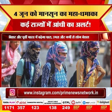 PRIME NEWS: आज 4 जून को देश के मौसम में सबसे बड़ा बदलाव होने जा रहा है! दक्षिण-पश्चिम मानसून आखिरकार केरल के रास्ते भारत की मुख्य भूमि पर दस्तक दे रहा है, जिससे दक्षिण भारत में भारी बारिश का 'ऑरेंज अलर्ट' है। वहीं, उत्तर भारत के दिल्ली-NCR, यूपी और राजस्थान में तेज आंधी और छिटपुट बारिश से गर्मी पर ब्रेक लगेगा। देखिए Prime News की यह खास रिपोर्ट और जानिए आज आपके राज्य में कैसा रहेगा मौसम का मिजाज।
#4june #thursday #weather #update #imd #monsoon2026 #monsoonarrival #delhiweather #upweather #heavyrainfall #heatwave #weatherforecast #primenews #primenewsnetwork