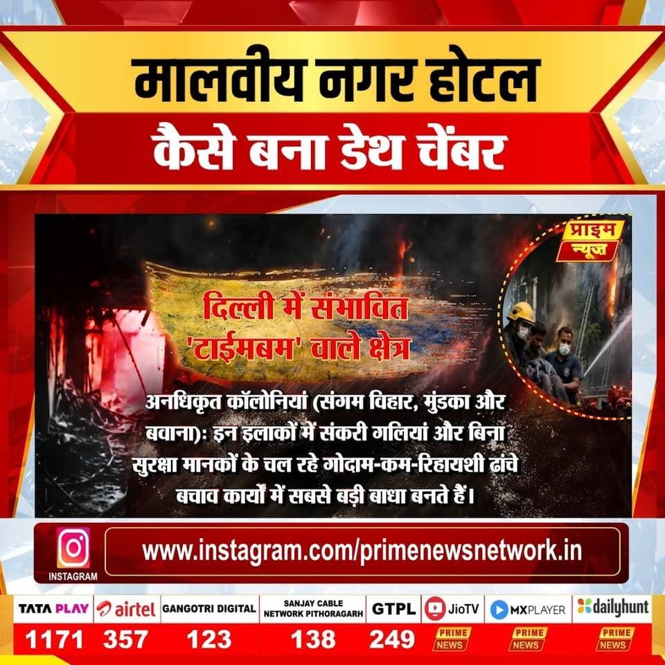 PRIME NEWS: दिल्ली के मालवीय नगर इलाके में बुधवार सुबह हुए भयानक फ्लोरिश स्टे बी एंड बी होटल आग हादसे ने पूरे देश को झकझोर कर रख दिया। सुबह करीब 8:48 बजे लगी आग में 17 विदेशी नागरिकों सहित 21 लोगों की मौ*त हो गई और 40 से अधिक लोग सुरक्षित बाहर निकाले गए। हादसे ने कई सवाल खड़े कर दिए हैं: इतनी बड़ी इमारत में आग कैसे लगी, लोगों को बचने का मौका क्यों नहीं मिला और क्या राजधानी में ऐसे कितने डेथ चैम्बर हैं जो दिखने में आकर्षक हैं लेकिन सुरक्षा मानकों से कोसों दूर हैं।
#MalviyaNagarFire #DelhiNews #HotelFire #BreakingNews #Tragedy #FireIncident #SafetyAlert #IndiaNews #DelhiCrime #EmergencyNews #RescueOperations #DisasterNewS #PublicSafety
#PrimeNews #PrimeNewsNetwork