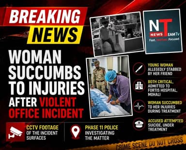 A girl working in a private company was brutally murdered inside her office. Her friend allegedly attacked her multiple times with a knife and later attempted to commit suicide himself. Considering the critical condition of both individuals, they were admitted to Fortis Hospital Mohali. The girl succumbed to her injuries during treatment, while the young man is currently undergoing treatment. A CCTV footage of the incident has also surfaced. The deceased girl has been identified as Dimple. The police of Phase 11 are investigating the matter. #CrimeNews #Crime #punjab #LatestNews #highlight #highlightseveryone #followerseveryone #follower #viralreelschallenge #crimescene #Mohali