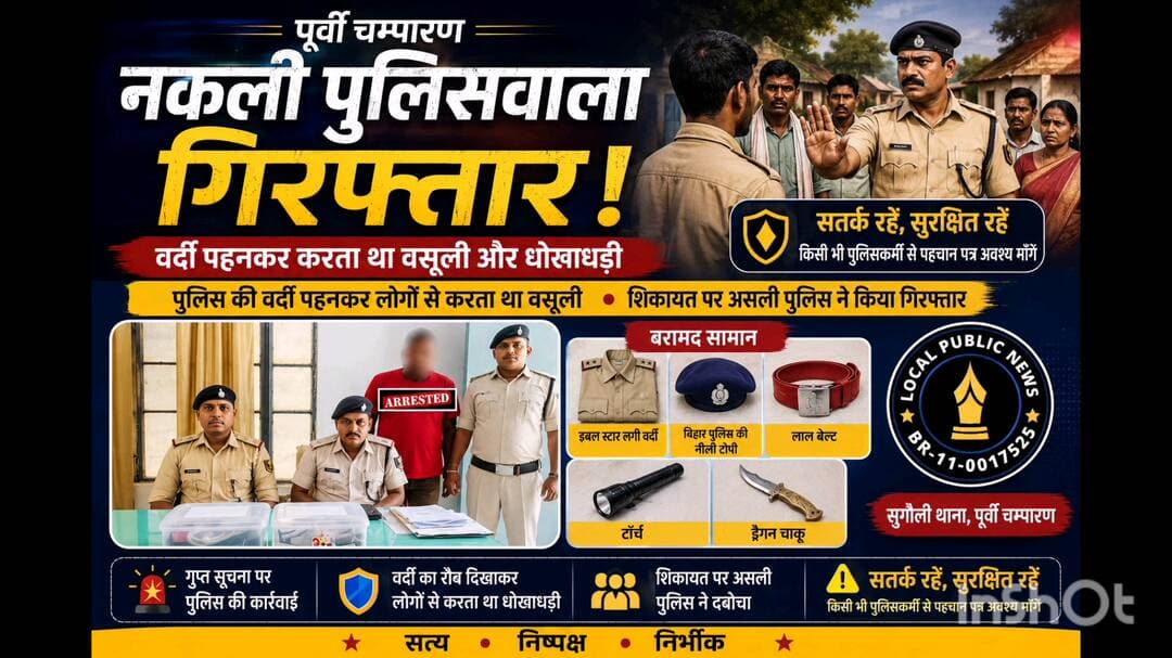 पूर्वी चम्पारण: पुलिस की वर्दी पहनकर लोगों से वसूली करने का आरोप, युवक गिरफ्तार
www.localpublicnews.com