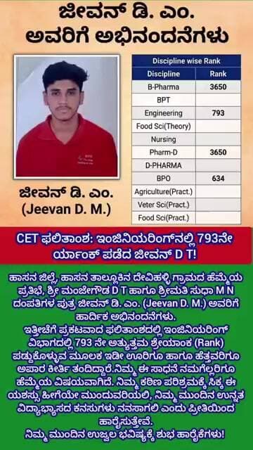 CET ಫಲಿತಾಂಶದಲ್ಲಿ ಇಂಜಿನಿಯರಿಂಗ್ನಲ್ಲಿ 793ನೇ ಶ್ರೇಯಾಂಕ ಮುಡಿಗೇರಿಸಿಕೊಂಡ ಜೀವನ್ D T!