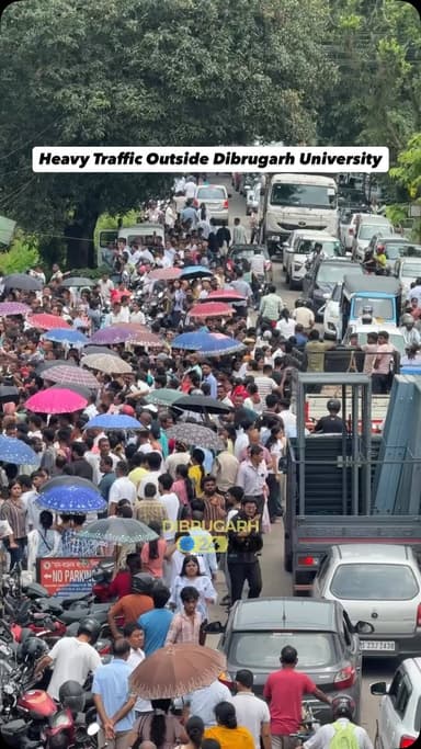 #News | A massive traffic congestion was witnessed outside Dibrugarh University on Sunday as a large number of candidates arrived to appear for the B.Sc. Nursing entrance examination. The influx of vehicles led to long queues and slow-moving traffic in the university vicinity, causing inconvenience to commuters and residents. However, personnel from the Dibrugarh Traffic Police and Dibrugarh University security team put in their best efforts to manage the crowd and regulate vehicular movement, ensuring that candidates could reach their examination centres safely and on time.