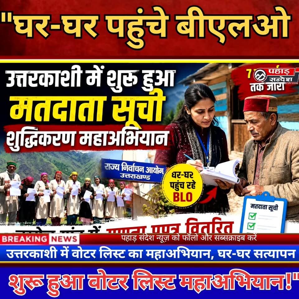 घर-घर पहुंचे बीएलओ शुरू हुआ वोटर लिस्ट महाअभियान !" TopFan DM Uttarkashi
उत्तरकाशी में शुरू हुआ मतदाता सूची शुद्धिकरण महाअभियान, जखोल गांव तक पहुंचे बीएलओ
उत्तरकाशी, 8 जून। जनपद उत्तरकाशी में मतदाता सूची को शुद्ध, अद्यतन और त्रुटिरहित बनाने के उद्देश्य से विशेष गहन पुनरीक्षण कार्यक्रम की शुरुआत हो गई है। चुनाव आयोग के निर्देशानुसार शुरू हुआ यह अभियान आगामी 7 जुलाई तक जारी रहेगा।
अभियान के तहत बूथ लेवल अधिकारी (बीएलओ) घर-घर जाकर गणना प्रपत्र वितरित कर रहे हैं तथा मतदाता सूची में दर्ज नाम, आयु, पता और अन्य जानकारियों का सत्यापन कर रहे हैं। जनपद के दूरस्थ गांव जखोल में भी बीएलओ द्वारा घर-घर पहुंचकर लोगों को गणना प्रपत्र उपलब्ध कराए गए।
विशेष बात यह है कि बीएलओ केवल प्रपत्र वितरित ही नहीं करेंगे, बल्कि भरे हुए प्रपत्रों को वापस भी प्राप्त करेंगे। इस दौरान परिवार के सदस्यों के सामने ही मतदाता सूची में दर्ज विवरणों का मिलान किया जाएगा और किसी भी प्रकार की त्रुटि पाए जाने पर उसे सुधारने की प्रक्रिया शुरू की जाएगी।
अभियान का उद्देश्य यह सुनिश्चित करना है कि कोई भी पात्र नागरिक मतदाता सूची से वंचित न रहे और सभी मतदाताओं का विवरण सही एवं अद्यतन रूप में दर्ज हो। इसके साथ ही नए मतदाताओं को सूची में शामिल करने तथा मृत अथवा स्थानांतरित मतदाताओं के रिकॉर्ड का सत्यापन भी किया जाएगा।
प्रशासन ने सभी नागरिकों से अपील की है कि वे बीएलओ को आवश्यक सहयोग प्रदान करें तथा गणना प्रपत्र को सही जानकारी के साथ भरकर समय पर जमा करें, ताकि एक शुद्ध और त्रुटिहीन मतदाता सूची तैयार की जा सके।
#उत्तरकाशी
#VoterListRevision2026
#मतदाता_सूची
#मतदाता_सूची_शुद्धिकरण
#जखोल
#UttarkashiNews
#ElectionCommission
#BLO
#VoterVerification
#Uttarakhand
#SpecialRevision
#ElectionUpdate
#VoterAwareness
#Democracy
#UttarakhandNews
#PahadSandesh
#VoterListUpdate
#HouseToHouseSurvey
#ElectionNews