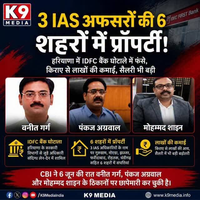 🚨 हरियाणा के चर्चित IDFC बैंक घोटाले में बड़ा खुलासा!
3 IAS अधिकारियों की 6 शहरों में करोड़ों की संपत्तियां सामने आने के बाद मामला सुर्खियों में है। CBI की कार्रवाई और संपत्तियों के खुलासे ने प्रशासनिक गलियारों में हलचल मचा दी है।
क्या इस मामले में और बड़े नाम सामने आएंगे? अपनी राय कमेंट में जरूर बताएं।
#HaryanaNews #IDFCBankScam #IASOfficers #CBIRaid #BreakingNews K9Media Haryana VineetGarg PankajAgarwal MohammadShayin CorruptionNews LatestNews NewsUpdate RohtakNews GohanaNews K9MediaIndia