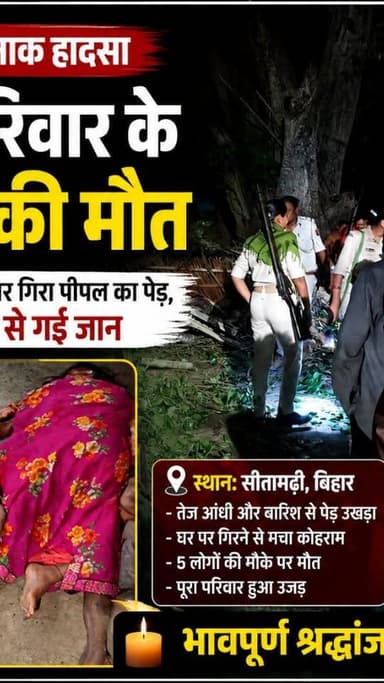 #सीतामढ़ी में काल बनकर गिरा #पीपल का पेड़: #आंधी-#तूफान के बीच ढहा #आशियाना, एक ही परिवार के 5 लोगों की दर्दनाक मौत.......
SAROJRAJA LiveCities बिहार बिहार_न्यूज़ BiharNews BiharEducation NBA actor SITAMARHI PATNA सीतामढ़ी