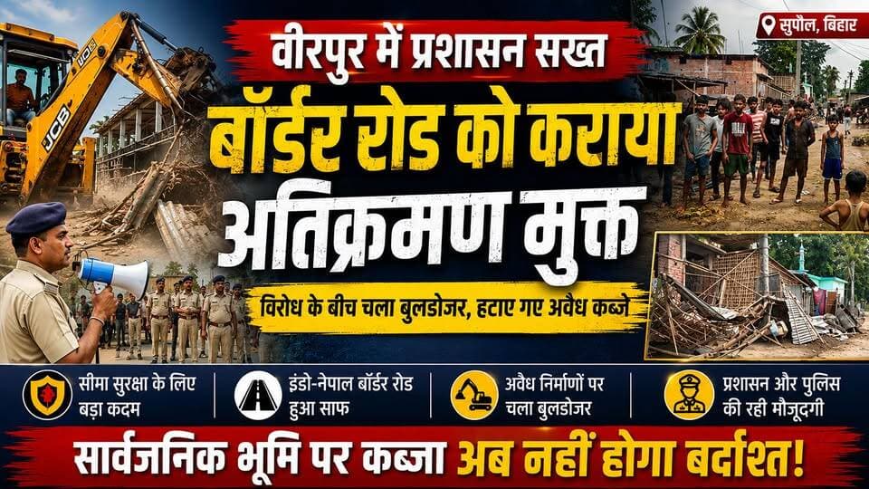 Supaul : वीरपुर में प्रशासन सख्त, बॉर्डर रोड को कराया अतिक्रमण मुक्त।
#birpurnews #SupaulNews #birpursupaul