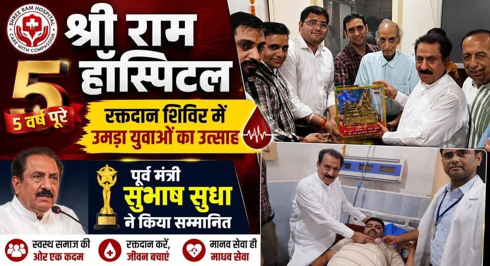 श्री राम हॉस्पिटल के 5 वर्ष पूरे, रक्तदान शिविर में उमड़ा युवाओं का उत्साह; पूर्व मंत्री सुभाष सुधा ने किया सम्मानित
#ShriRamHospital #BloodDonationCamp #SubhashSudha #Kurukshetra #SocialService #BloodDonation #HaryanaNews #HealthCare #YouthParticipation #BreakingNews #LatestUpdate #khabarnamaharyana