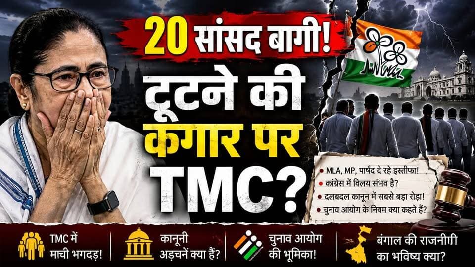 क्या टूट जाएगी TMC? Mamta Benerjee के सामने बड़ी चुनौती!
पश्चिम बंगाल की राजनीति में बड़ा सियासी संकट गहराता नजर आ रहा है. चुनावी हार के बाद ममता बनर्जी को लगातार झटके लग रहे हैं. विधायक, सांसद और पार्षदों के इस्तीफों ने TMC की मुश्किलें बढ़ा दी हैं. क्या पार्टी में बड़ी टूट होने वाली है? क्या ममता बनर्जी चाहकर भी TMC का कांग्रेस में विलय नहीं कर सकतीं? दलबदल कानून, दो-तिहाई बहुमत, चुनाव आयोग की भूमिका और पूरे राजनीतिक घटनाक्रम का आसान भाषा में पूरा विश्लेषण देखिए इस खास रिपोर्ट में.
West Bengal politics is witnessing a major political crisis after the election defeat of TMC. Mamata Banerjee is facing resignations from MLAs, MPs and councillors. Is TMC heading towards a split? Can Mamata Banerjee merge TMC with Congress? Watch this detailed analysis on anti-defection law, legal hurdles, Election Commission rules and the future of Bengal politics.
#localnewsofindia #MamataBanerjee #TMC #WestBengalPolitics #AbhishekBanerjee #BengalNews #TMCSplit
Mamata Banerjee Latest News, TMC Split, TMC Crisis, TMC Congress Merger, West Bengal Politics, Mamata Banerjee News, Abhishek Banerjee News, TMC MLA Resigns, TMC MP Resigns, Bengal Election News, Anti Defection Law India, TMC Breaking News, Political Crisis Bengal, Congress TMC Merger, NDA Support TMC, West Bengal Breaking News, Indian Political News, Latest Political News, Bengal BJP News