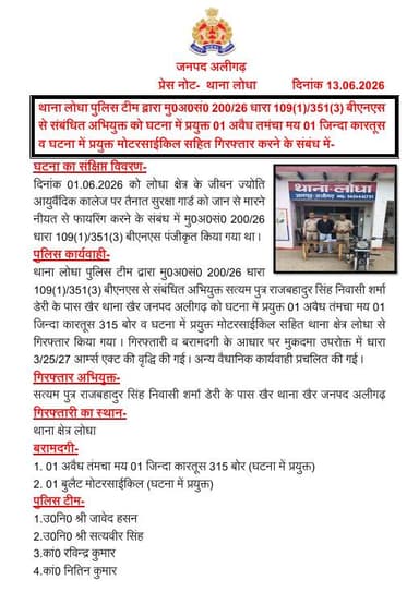 #AligarhPolice
थाना लोधा पुलिस टीम द्वारा मु0अ0सं0 200/26 धारा 109(1)/351(3) बीएनएस से संबंधित अभियुक्त को घटना में प्रयुक्त 01 अवैध तमंचा मय 01 जिन्दा कारतूस व घटना में प्रयुक्त मोटरसाईकिल सहित गिरफ्तार करने के संबंध में-
#UPPolice https://t.co/8GRbNGasRl