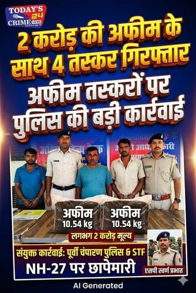 2 करोड़ की अफीम के साथ चार तस्कर गिरफ्तार, सरगना तक पहुंचने के लिए खुद मैदान में उतरे एसपी स्वर्ण प्रभात
पूर्वी चंपारण पुलिस और एसटीएफ को मादक पदार्थों की तस्करी के खिलाफ बड़ी सफलता हाथ लगी है। संयुक्त कार्रवाई में पुलिस ने एनएच-27 पर छापेमारी कर लगभग दो करोड़ रुपये मूल्य की 10.54 किलोग्राम अफीम बरामद की है। इस मामले में अंतरराज्यीय गिरोह से जुड़े चार तस्करों को गिरफ्तार किया गया है। गिरोह के नेटवर्क को ध्वस्त करने के लिए मोतिहारी के पुलिस अधीक्षक स्वर्ण प्रभात स्वयं कार्रवाई में शामिल हुए।।।।
#champaranfirstnews #chakianew #motiharinews #amiteshkumar #biharnews #ranita #news18biharjharkhand #bihareksoch #motiharipolice #motiharinewsupdate #Todays_24_Crime_News #motiharpolice #motihari #motiharisp #SSB #ssbmotihari #nepal #nepalnews #NepaliNewsToday #NepalPolitics #IndoNepalBorder #IndoNepal #Internacional #international #InternationalNews #international #internationalrelations #BMW #MangalPandey #helthdipartmentbihar
