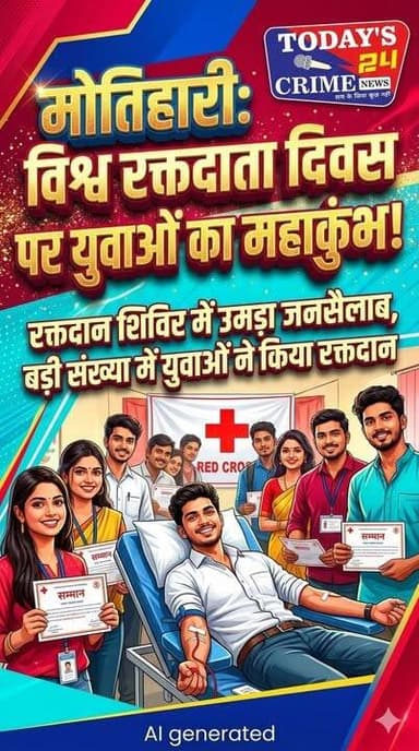 वर्ल्ड ब्लड डोनर डे पर रक्तदाताओं का सम्मान, बड़ी संख्या में युवाओं ने किया रक्तदान
मोतिहारी जिले में विश्व रक्तदाता दिवस के अवसर पर रेडक्रॉस मोतिहारी एवं स्थानीय रक्तदान संस्थाओं के संयुक्त तत्वावधान में शनिवार को एक भव्य रक्तदान शिविर का आयोजन किया गया। शिविर में बड़ी संख्या में युवाओं ने कतारबद्ध होकर स्वेच्छा से रक्तदान किया और जरूरतमंद मरीजों की सहायता के प्रति अपनी प्रतिबद्धता दिखाई।।।।
#champaranfirstnews #chakianew #motiharinews #amiteshkumar #biharnews #ranita #news18biharjharkhand #bihareksoch #motiharipolice #motiharinewsupdate #Todays_24_Crime_News #motiharpolice #motihari #motiharisp #SSB #ssbmotihari #nepal #nepalnews #NepaliNewsToday #NepalPolitics #IndoNepalBorder #IndoNepal #Internacional #international #InternationalNews #international #internationalrelations #BMW #MangalPandey #helthdipartmentbihar