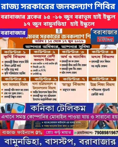 রাজ্য সরকারের জনকল্যাণ শিবির বরাবাজার ব্লকের ১৫ ও ১৬ ই জুন বরাভূম উচ্চতর মাধ্যমিক বিদ্যালয়ে এবং ১৭ ই জুন বামুনডিহা উচ্চতর মাধ্যমিক বিদ্যালয় অনুষ্ঠিত হবে।
#পুরুলিয়া #Bandwan #Barabazar #BREAKING Barabazar News/বরাবাজার নিউজ