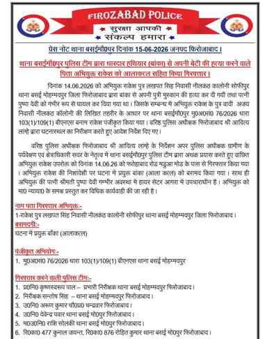 #GoodWorkByFirozabadPolice थाना बसई मौ0पुर पुलिस टीम द्वारा धारदार हथियार (बांका) से अपनी बेटी की हत्या करने वाले पिता अभियुक्त राकेश को आलाकत्ल सहित किया गिरफ्तार । https://t.co/2ji5Qf84QN