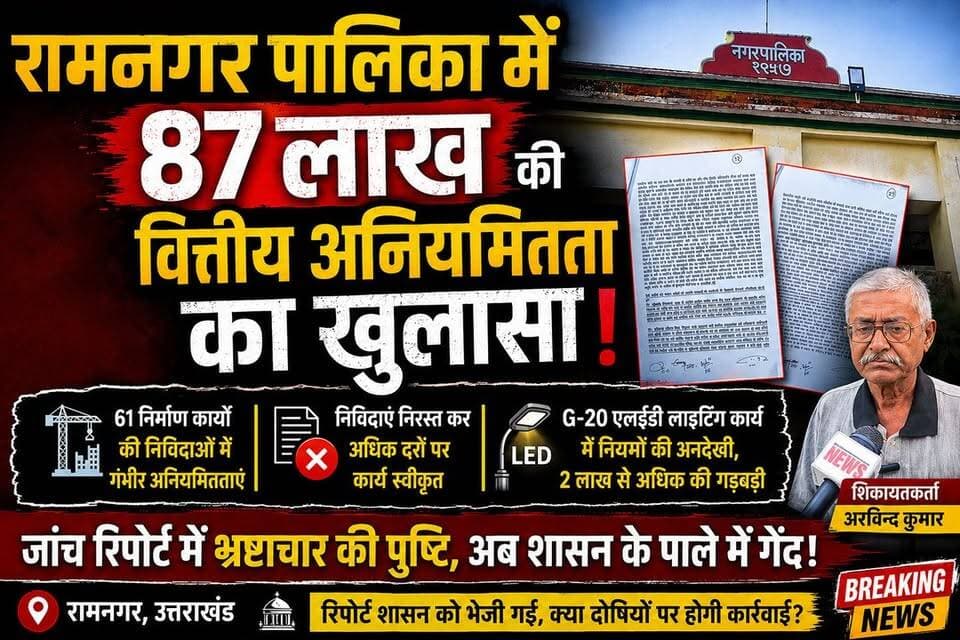 रामनगर पालिका में 87 लाख की वित्तीय अनियमितता का खुलासा!
जांच समिति की रिपोर्ट में बड़े भ्रष्टाचार की पुष्टि, 61 निर्माण कार्यों की निविदाओं में गड़बड़ी और जी-20 एलईडी लाइटिंग कार्यों में नियमों की अनदेखी। शिकायतकर्ता के आरोप जांच में सही पाए गए। अब शासन के पाले में गेंद, क्या होगी दोषियों पर कार्रवाई?
#Ramnagar #BreakingNews #UttarakhandNews #CorruptionExpose #NagarPalikaRamnagar #FinancialIrregularities #G20LightingScam #MahendraYadav #NainitalDM #RamnagarNews #UttarakhandTrendNews #LocalNews #InvestigationReport #CorruptionCase #87LakhScam
