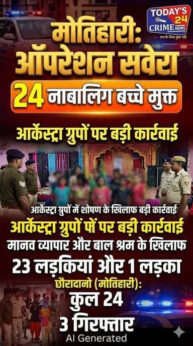 ऑपरेशन सवेरा के तहत बड़ी कार्रवाई, 24 नाबालिगों को कराया गया मुक्त
मोतिहारी में राष्ट्रीय मानवाधिकार आयोग के सदस्य प्रियंक कानूनगो के पत्र के आलोक में तथा पुलिस अधीक्षक स्वर्ण प्रभात मोतिहारी के निर्देशन में चलाए जा रहे ऑपरेशन सवेरा के तहत एंटी ह्यूमन ट्रैफिकिंग यूनिट (AHTU) ने बड़ी कार्रवाई करते हुए मानव व्यापार, बाल श्रम एवं आर्केस्ट्रा ग्रुपों में शोषण के शिकार बच्चों के विरुद्ध विशेष अभियान चलाया।अभियान के दौरान छौरादानो थाना क्षेत्र में विभिन्न आर्केस्ट्रा ग्रुपों पर छापेमारी कर 23 नाबालिग लड़कियों एवं एक नाबालिग लड़के सहित कुल 24 बच्चों को मुक्त कराया गया। साथ ही आर्केस्ट्रा संचालन से जुड़े तीन लोगों को पुलिस अभिरक्षा में लिया गया है।।।।।।
#Todays_24_Crime_News #motiharinewsupdate #motiharipolice #spmotihari #MotihariNews