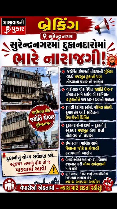 સુરેન્દ્રનગર: જર્જરિત ઇમારતો સામેની કાર્યવાહી વચ્ચે હવે મજબૂત દુકાનો પણ તોડવાના પ્રયાસના આક્ષેપો ઉઠ્યા છે. વાડીલાલ ચોક સ્થિત જ્યોતિ ચેમ્બરની નીચે આવેલી દુકાનોના વેપારીઓએ મહાનગરપાલિકામાં રજૂઆત કરી યોગ્ય સર્વેક્ષણ બાદ જ કોઈ નિર્ણય લેવા માંગ કરી છે. વેપારીઓનો દાવો છે કે દુકાનોનું સ્ટ્રક્ચર મજબૂત હોવા છતાં તેને તોડવાની કાર્યવાહી કરવામાં આવી રહી છે. હવે વેપારીઓ કમિશનર, મેયર અને સત્તાધીશો પાસેથી નિષ્પક્ષ તપાસ અને ન્યાયની અપેક્ષા રાખી રહ્યા છે.
#Surendranagar #BreakingNews #wadhawan #ShopkeepersProtest #GujaratNews ZalawadNiPukar