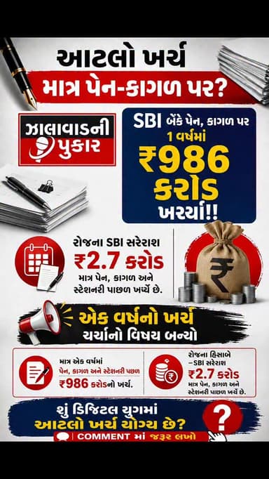 SBIનો ચોંકાવનારો ખર્ચ!... માત્ર પેન, કાગળ અને સ્ટેશનરી પાછળ જ SBIએ એક વર્ષમાં ખર્ચ્યા ₹986 કરોડ!.... એટલે કે દરરોજ સરેરાશ ₹2.7 કરોડનો ખર્ચ માત્ર ઓફિસ સ્ટેશનરી માટે...ડિજિટલ યુગમાં આટલો મોટો ખર્ચ ચર્ચાનો વિષય બન્યો છે.....શું તમને લાગે છે કે આ ખર્ચ યોગ્ય છે?.... તમારા અભિપ્રાય Comment માં જરૂર લખો...
#SBI #StationeryExpense #DigitalIndia #ViralNews #surendranagar