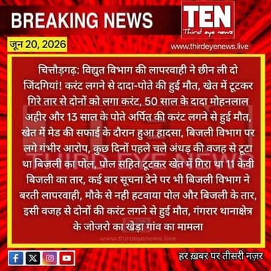 Chittorgarh: विद्युत विभाग की लापरवाही ने छीन ली दो जिंदगियां! करंट लगने से दादा-पोते की हुई
#chittorgarhnews #newsupdate #localnews #latestnews