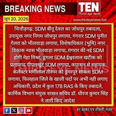 Chittorgarh: SDM बीनू देवल का जोधपुर तबादला, उपायुक्त नगर निगम जोधपुर लगाया
#chittorgarhnews #newsupdate #localnews #latestnews