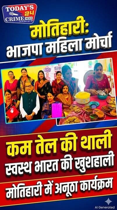 कम तेल की थाली से स्वस्थ भारत का संदेश,
मोतिहारीं में आयोजित हुआ अपने आप में एक अनूठा कार्यक्रम
भाजपा महिला मोर्चा का विशेष कार्यक्रम आयोजित
दर्जनों महिलाओं ने अपने घर पर बिना तेल व कम से कम मसाले का बनाया खाना व लोगो को तेल मसाले से बचने का दिया संदेश
पूर्व केंद्रीय कृषि मंत्री राधामोहन सिंह ने आयोजत किया था कार्यक्रम
मोतिहारीं में अपने आप मे एक अनूठा कार्यक्रम आयोजित हुआ जहां देश मे लगातार बढ़ रहे उच्चरक्तचाप,हार्ट,व अन्य गंभीर बीमारियों से बचने के लिए भोजन में संयम रखने व कम तेल मसाले का उपयोग करने का संदेश दिया गया ।।जी हां,,आज मोतिहारी में भाजपा महिला मोर्चा द्वारा कम तेल की थाली- भारत की खुशहाली" कार्यक्रम का आयोजन किया गया।।।।।।
#Todays_24_Crime_News #बीजेपीसरकार #bjpmotihari #motiharinewsupdate #champaranfirstnews