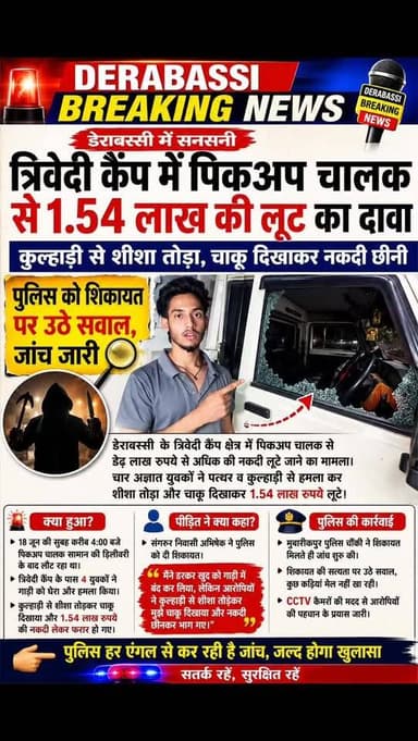 डेराबस्सी में डेढ़ लाख की लूट का दावा, पुलिस बोली—मामले में कई सवाल बाकी
त्रिवेदी कैंप में सनसनी: पिकअप चालक ने बताई लूट की वारदात, जांच में जुटी पुलिस
