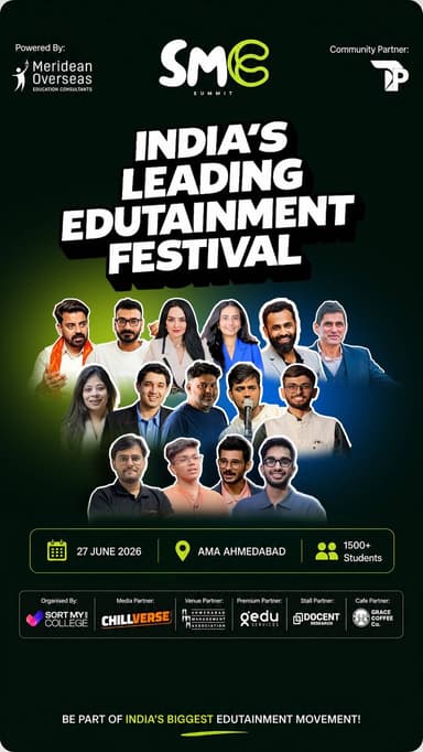 Ahmedabad’s brightest students are coming together.
1500+ students, 20+ speakers, founders, creators, entrepreneurs, industry leaders, and institutions - all under one roof for a day of learning, networking, and opportunities.
We’re inviting universities, educational institutions, coaching institutes, and student-focused organizations to be a part of this experience and connect with the next generation of talent.
📍 AMA Ahmedabad
📅 27 June 2026
If you’re shaping the future of education, we’d love to have you with us.
For collaborations and participation, connect with us via DM.
#SMCSummit #Ahmedabad #Education #Universities #StudentCommunity HigherEducation SortMyCollege