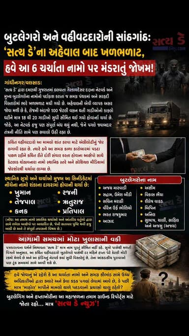 બુટલેગરો અને વહીવટદારોની સાંઠગાંઠ: ‘સત્ય ડે’ના અહેવાલ બાદ ખળભળાટ, હવે આ 6 ચર્ચાતા નામો પર મંડરાતું જોખમ!
ગાંધીનગર/વલસાડ:
‘સત્ય ડે’ દ્વારા દમણથી ગુજરાતમાં ઠલવાતા ગેરકાયદેસર દારૂના નેટવર્ક અને મુખ્ય બુટલેગરોના નામોનો પર્દાફાશ કરાતા જ સમગ્ર પંથકમાં અને સરહદી વિસ્તારોમાં ભારે ખળભળાટ મચી ગયો છે. અહેવાલની એવી વ્યાપક અસર જોવા મળી છે કે, રોજની અંદાજે ૧૦૦ જેટલી વહન થતી ગાડીઓનો કાફલો ઘટીને માત્ર ૧૮ થી ૨૦ ગાડીઓ સુધી સીમિત થઈ ગયો હોવાની ચર્ચા છે. જોકે, આ નેટવર્ક હજુ પણ સંપૂર્ણ બંધ થયું નથી, જેને પગલે જવાબદાર તંત્રની નીતિ સામે પણ સવાલો ઉઠી રહ્યા છે.
કથિત વહીવટદારો આ મામલો શાંત કરવા માટે એડીચોટીનું જોર લગાવી રહ્યા છે. ત્યારે હવે આ સમગ્ર કાળા કારોબારમાં પડદા પાછળ રહીને કથિત રીતે દોરી સંચાર કરતા હોવાના આક્ષેપો સાથે કેટલાક ચોંકાવનારા નામો સ્થાનિક સ્તરે અને સોશિયલ મીડિયામાં જોરશોરથી ચર્ચાવા લાગ્યા છે.
સ્થાનિક સૂત્રો અને ચર્ચાઓ મુજબ આ સિન્ડિક�
