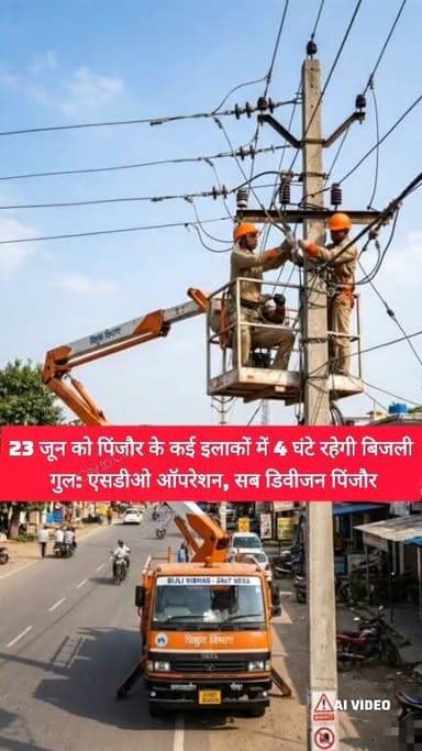 पिंजौर के इन इलाकों में 4 घंटे नहीं आएगी बिजली, विभाग ने जारी किया अलर्ट
बिजली विभाग का बड़ा मेंटेनेंस अभियान, सुबह 10 से दोपहर 2 बजे तक सप्लाई रहेगी बंद
#pinjore #news #kalka #panchkula #haryana #chandigarh #HaryanaNews