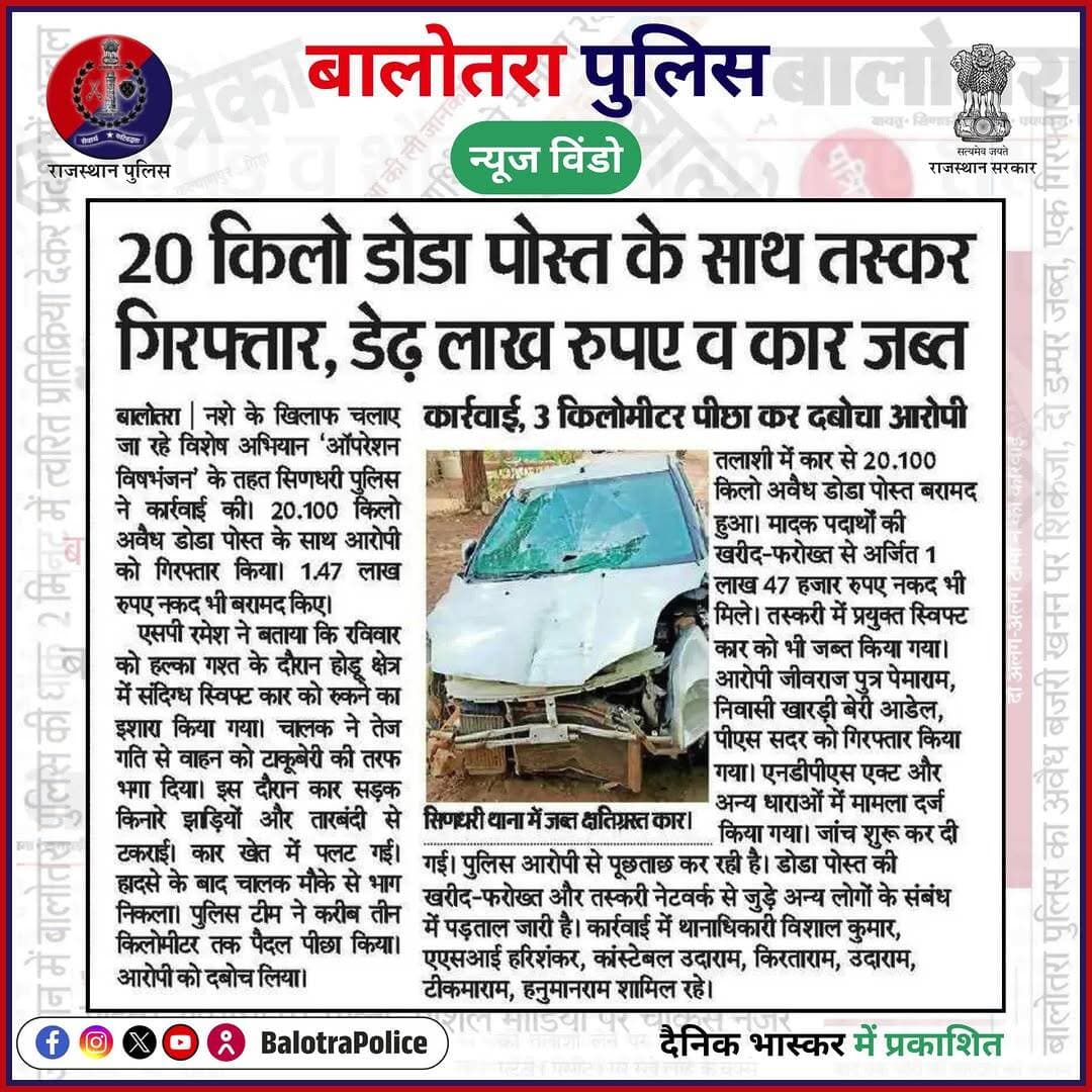 #NewsWindow: #सुर्खियों_में_बालोतरा_पुलिस।
@policerajasthan
#BalotraPoliceInNews #Balotra #Newspaper #RajasthanPatrika #DainikBhaskar #DainikNavajyoti #BalotraPolice #BalotraNews #IllegalWeapons #ArmsAct #GunRecovery #IllegalFirearm #Arrested #WeaponSeizure #RajasthanPolice #Gudamalani #Sindhari #OperationVishBhanjan #DodaPost #SayNoToDrugs #NoToDrugs #NewCriminalLaw2023 #भारतीय_न्याय_संहिता #नवीन_आपराधिक_कानून #बालोतरा #सिणधरी #आडेल #गुड़ामालानी